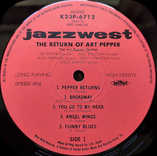 Art Pepper - The Return Of Art Pepper (Vinyl, LP, Album, Reissue, Mono) Near Mint (NM or M-) / Very Good Plus (VG+)