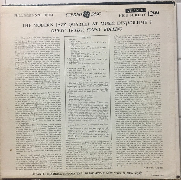 The Modern Jazz Quartet - The Modern Jazz Quartet At Music Inn —  Volume 2 (Vinyl, LP, Album, Stereo) Very Good (VG) / Very Good (VG)