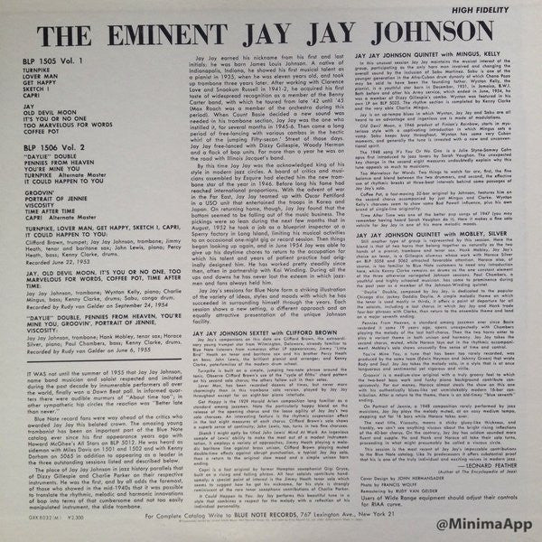 JJ Johnson - The Eminent Jay Jay Johnson Volume 1 (Vinyl, LP, Compilation, Reissue, Mono) Very Good Plus (VG+) / Very Good Plus (VG+)