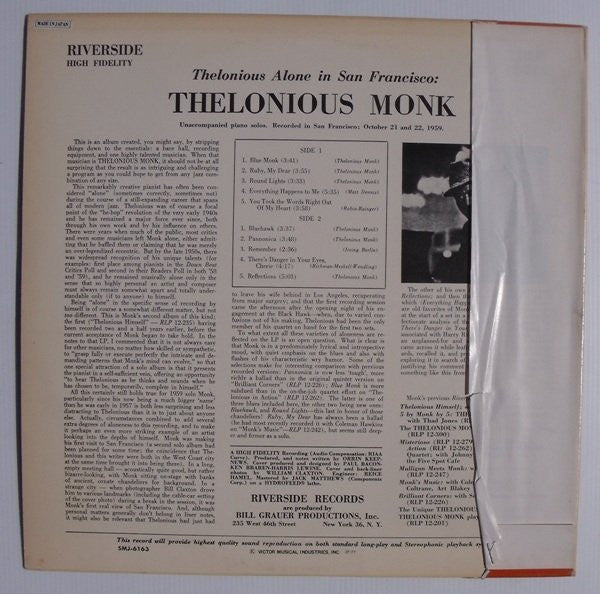 Thelonious Monk - Thelonious Alone In San Francisco (Vinyl, LP, Album, Reissue, Stereo) Very Good (VG) / Good Plus (G+)