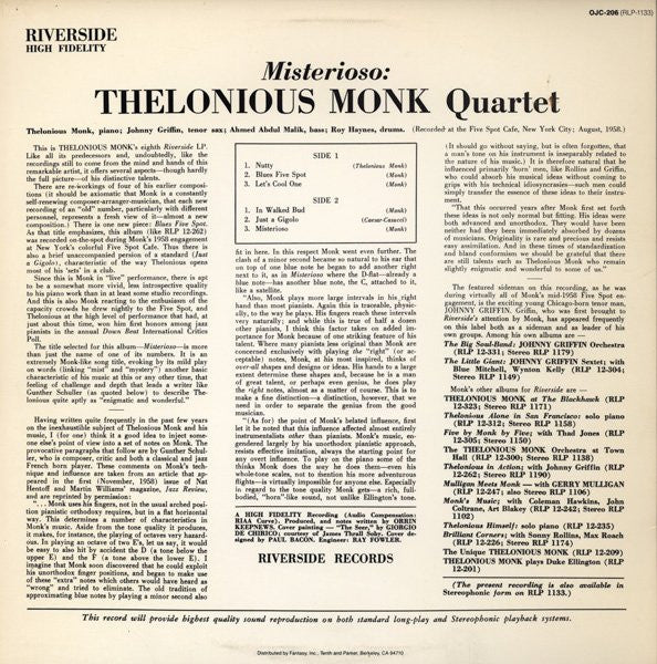 The Thelonious Monk Quartet - Misterioso (Vinyl, LP, Album, Reissue, Stereo) Very Good (VG) / Very Good Plus (VG+)
