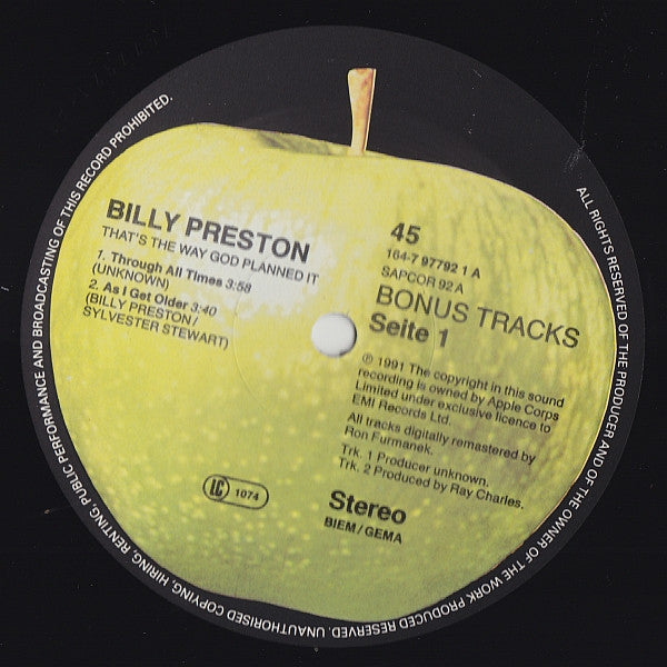 Billy Preston - That's The Way God Planned It (Vinyl, Vinyl, LP, Album, Reissue, Remastered, 12", 45 RPM) Very Good (VG) / Very Good (VG)