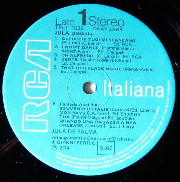 Jula De Palma - Jula Presenta (Vinyl, LP, Compilation) Very Good Plus (VG+) / Good Plus (G+)