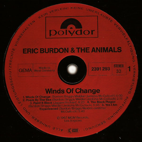 Eric Burdon & The Animals - Winds Of Change (Vinyl, LP, Album, Stereo, Reissue) Very Good Plus (VG+) / Very Good (VG)