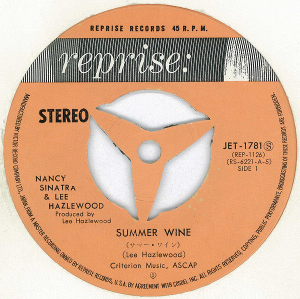 Nancy Sinatra & Lee Hazlewood - Summer Wine / Wanderer (Vinyl, 7", 45 RPM, Stereo) Very Good (VG) / Very Good (VG)