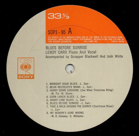 Leroy Carr - Blues Before Sunrise (Vinyl, LP, Compilation) Very Good Plus (VG+) / Very Good Plus (VG+)