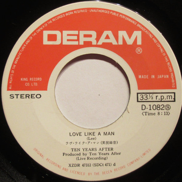 Ten Years After - Love Like A Man (Vinyl, 7", 33 ⅓ RPM, 45 RPM, Single, Stereo) Very Good Plus (VG+) / Very Good Plus (VG+)