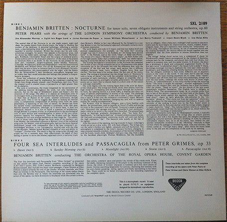 Benjamin Britten - Nocturne - Four Sea Interludes - Passacaglia (Peter Grimes) (Vinyl, LP, Reissue, Stereo) Near Mint (NM or M-) / Near Mint (NM or M-)