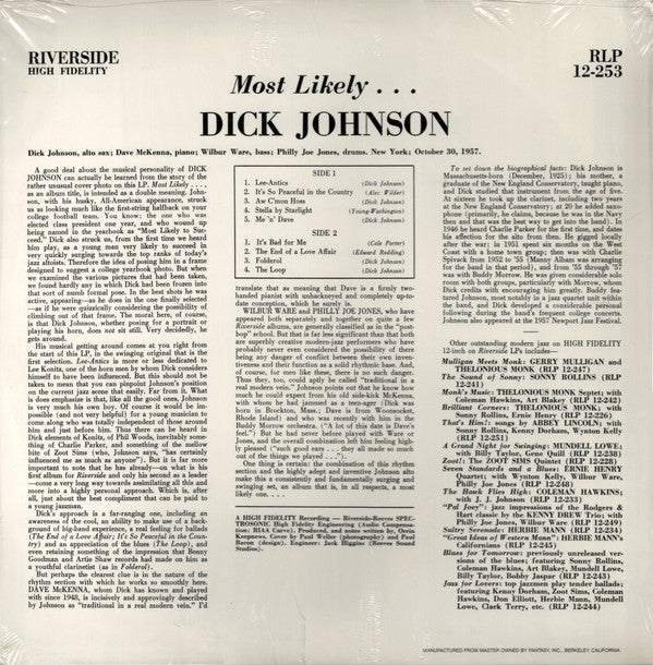 Dick Johnson (3) - Most Likely... (Vinyl, LP, Album, Reissue) Very Good Plus (VG+) / Very Good Plus (VG+)