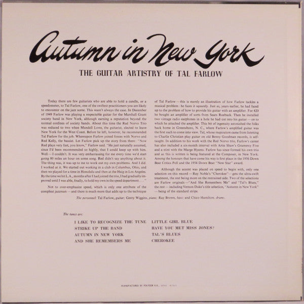 Tal Farlow - Autumn In New York (Vinyl, LP, Album, Reissue, Mono) Very Good Plus (VG+) / Near Mint (NM or M-)