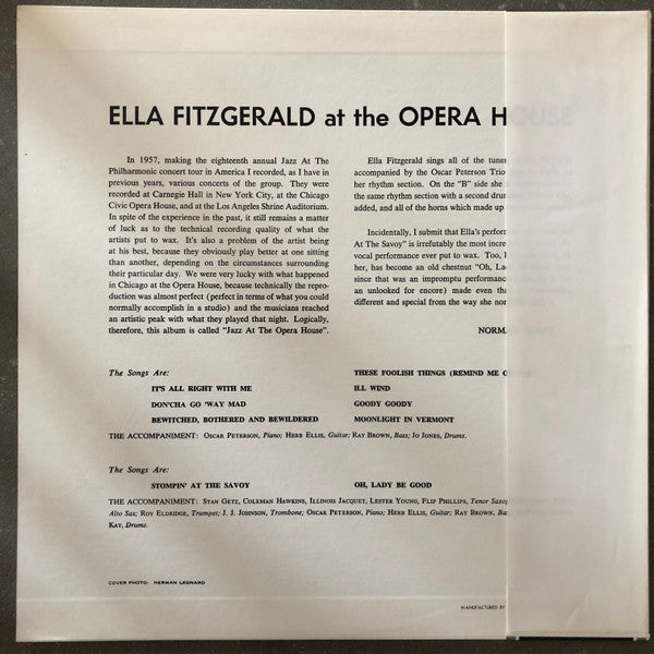 Ella Fitzgerald - Ella Fitzgerald At The Opera House (Vinyl, LP, Album, Reissue, Mono) Very Good Plus (VG+) / Very Good Plus (VG+)