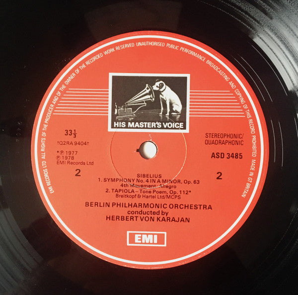 Jean Sibelius - Symphony No. 4 / Tapiola (Vinyl, LP, Stereo, Quadraphonic) Very Good (VG) / Very Good Plus (VG+)