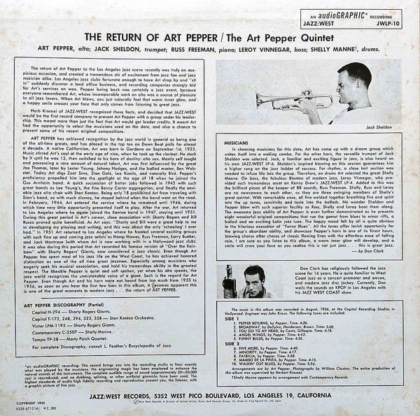 Art Pepper - The Return Of Art Pepper (Vinyl, LP, Album, Reissue, Mono) Near Mint (NM or M-) / Very Good Plus (VG+)