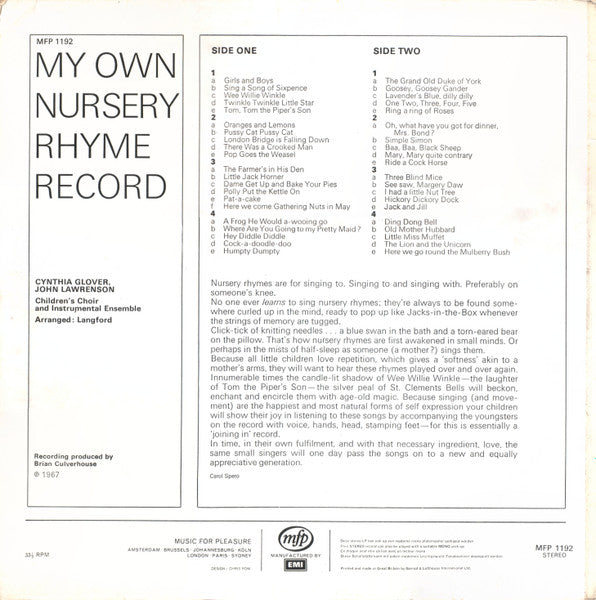 Cynthia Glover - My Own Nursery Rhyme Record (Vinyl, LP) Good Plus (G+) / Good (G)