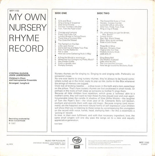 Cynthia Glover - My Own Nursery Rhyme Record (Vinyl, LP) Good Plus (G+) / Good (G)