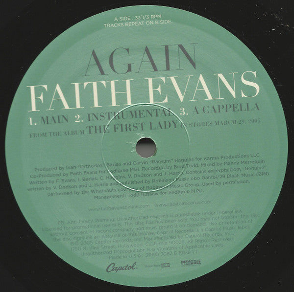 Faith Evans - Again (12", 33 ⅓ RPM, Promo) - Very Good (VG) / Generic