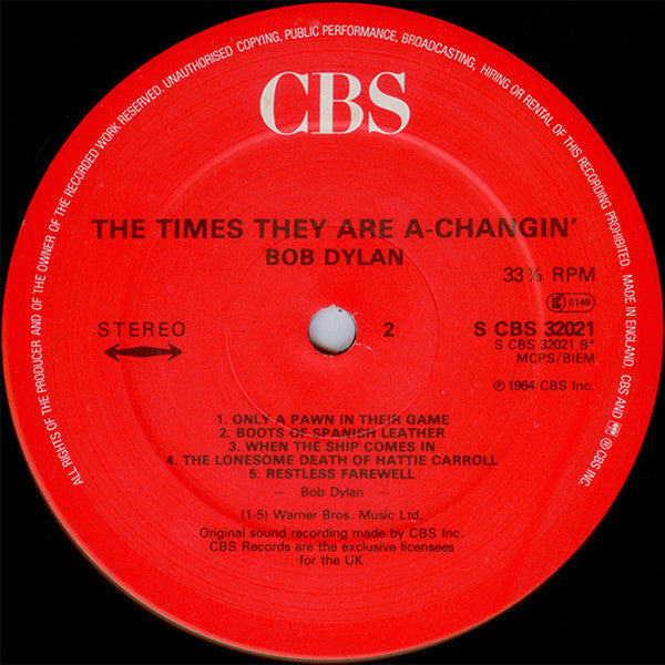 Bob Dylan - The Times They Are A-Changin' (Vinyl, LP, Album, Stereo, Reissue) Near Mint (NM or M-) / Very Good Plus (VG+)
