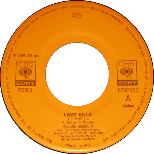 Freddie Mercury - Love Kills (Vinyl, 7", 45 RPM, Single, Stereo) Very Good Plus (VG+) / Very Good Plus (VG+)
