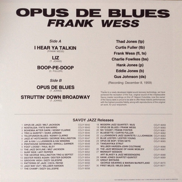 The Frank Wess Septet - Opus De Blues (Vinyl, LP, Album, Reissue, Mono) Very Good Plus (VG+) / Very Good (VG)