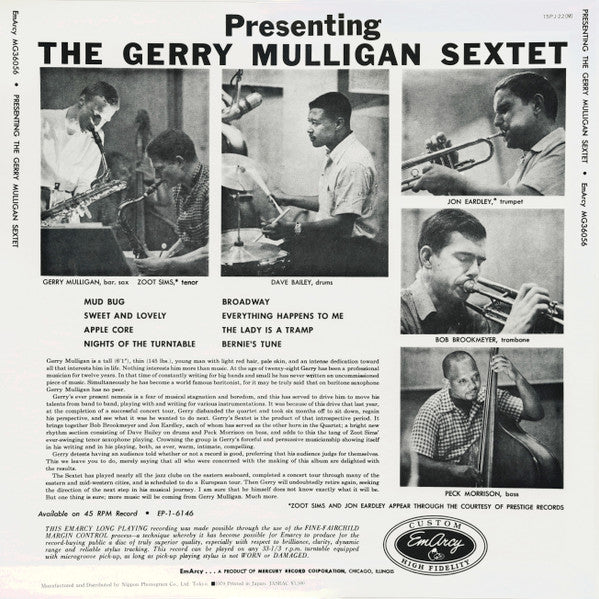 Gerry Mulligan And His Sextet - Presenting The Gerry Mulligan Sextet (Vinyl, LP, Album, Reissue, Mono) Very Good (VG) / Very Good (VG)