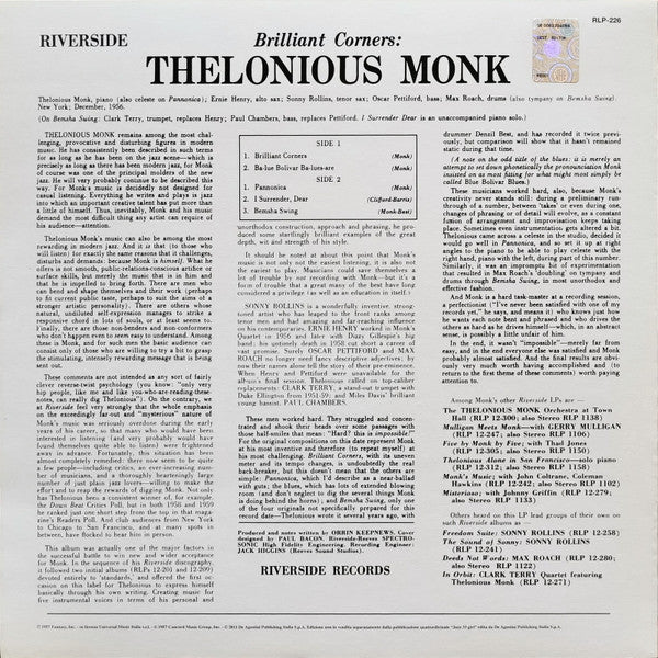 Thelonious Monk - Brilliant Corners (Vinyl, LP, Album, Reissue, Mono) Near Mint (NM or M-) / Very Good Plus (VG+)