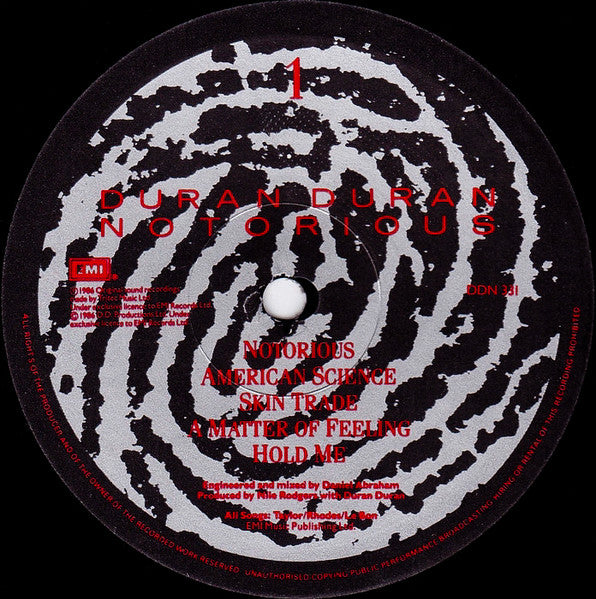 Duran Duran - Notorious (Vinyl, LP, Album, Stereo) Very Good (VG) / Very Good Plus (VG+)