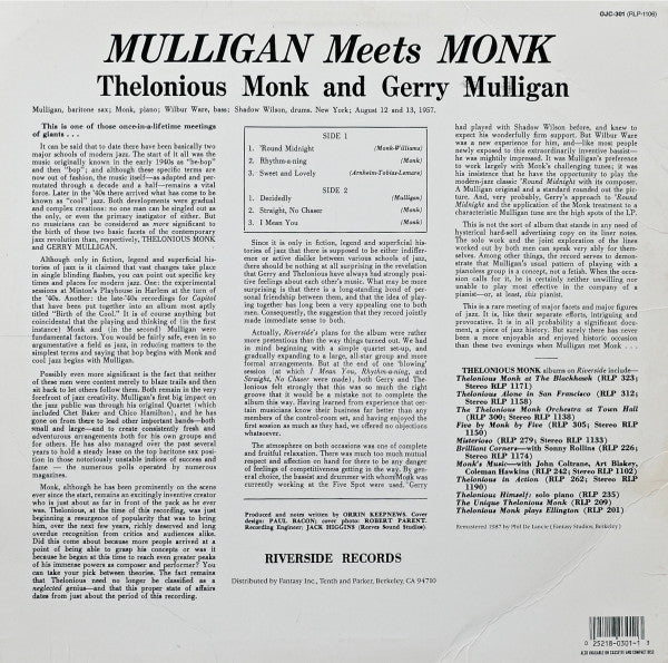 Thelonious Monk - Mulligan Meets Monk (Vinyl, LP, Album, Reissue, Remastered, Stereo) Very Good (VG) / Very Good Plus (VG+)