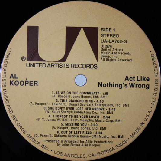 Al Kooper - Act Like Nothing's Wrong (Vinyl, LP, Album) Very Good (VG) / Good Plus (G+)
