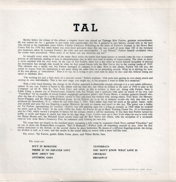 Tal Farlow - Tal (Vinyl, LP, Album, Reissue, Mono) Very Good Plus (VG+) / Very Good Plus (VG+)