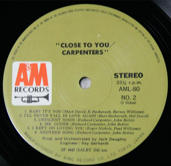 Carpenters - Close To You = 愛のプレリュード (Vinyl, LP, Album) Very Good Plus (VG+) / Good Plus (G+)