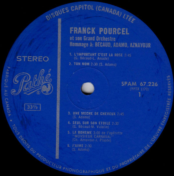 Franck Pourcel Et Son Grand Orchestre - Hommage A: Becaud, Adamo, Aznavour (Vinyl, LP, Stereo) Very Good Plus (VG+) / Very Good (VG)