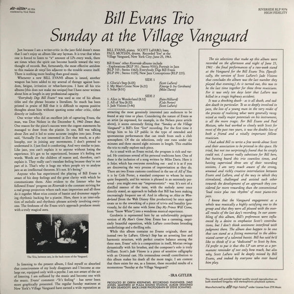 The Bill Evans Trio - Sunday At The Village Vanguard (Vinyl, LP, Album, Limited Edition, Reissue, Stereo) Near Mint (NM or M-) / Very Good Plus (VG+)