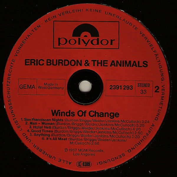 Eric Burdon & The Animals - Winds Of Change (Vinyl, LP, Album, Stereo, Reissue) Very Good Plus (VG+) / Very Good (VG)