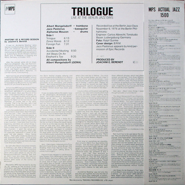 Albert Mangelsdorff - Trilogue - Live At The Berlin Jazz Days (Vinyl, LP, Album) Near Mint (NM or M-) / Very Good Plus (VG+)