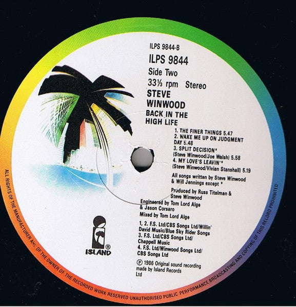 Steve Winwood - Back In The High Life (Vinyl, LP, Album) Very Good (VG) / Good Plus (G+)