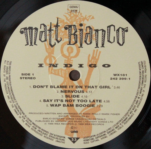 Matt Bianco - Indigo (Vinyl, LP, Album, Stereo) Very Good Plus (VG+) / Very Good Plus (VG+)