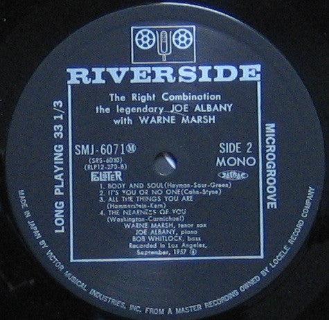 Joe Albany - The Right Combination (Vinyl, LP, Album, Reissue, Mono) Very Good (VG) / Very Good (VG)