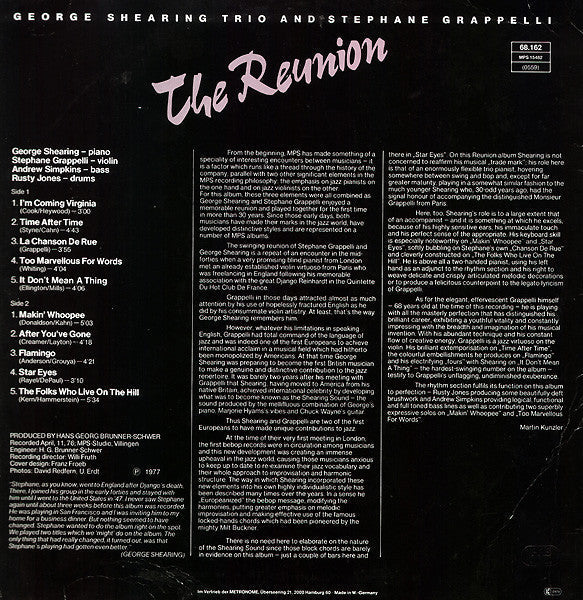 George Shearing Trio - The Reunion (Vinyl, LP, Album, Repress) Very Good Plus (VG+) / Very Good (VG)