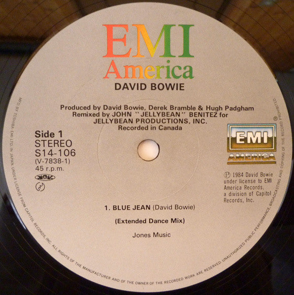 David Bowie - Blue Jean (Extended Dance Mix) (Vinyl, 12", 45 RPM, Single) Very Good Plus (VG+) / Very Good (VG)