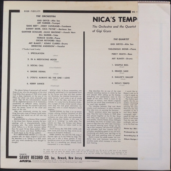 The Gigi Gryce Orchestra - Nica's Tempo (Vinyl, LP, Album, Reissue, Mono) Very Good Plus (VG+) / Very Good Plus (VG+)