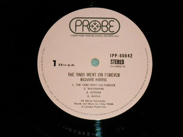 Richard Harris - The Yard Went On Forever... (Vinyl, LP, Album, Stereo) Very Good Plus (VG+) / Very Good (VG)