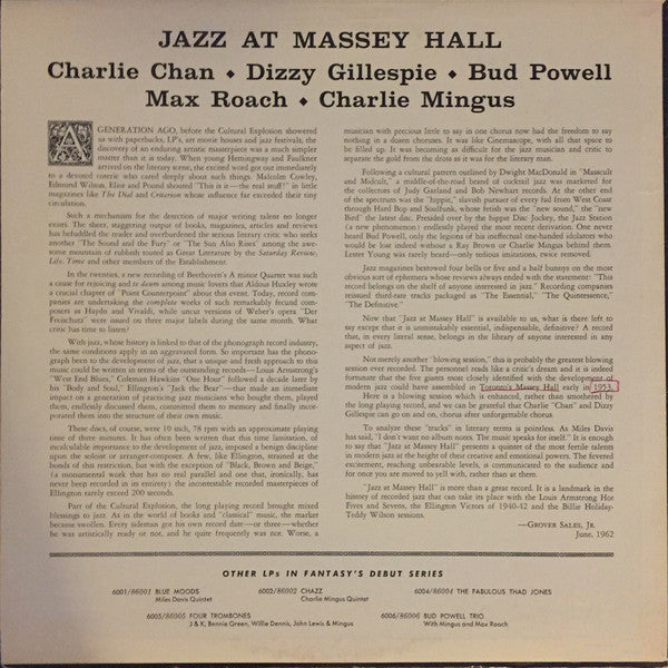 Charlie Chan (5) - Jazz At Massey Hall (Vinyl, LP, Album, Reissue, Stereo) Very Good Plus (VG+) / Very Good Plus (VG+)