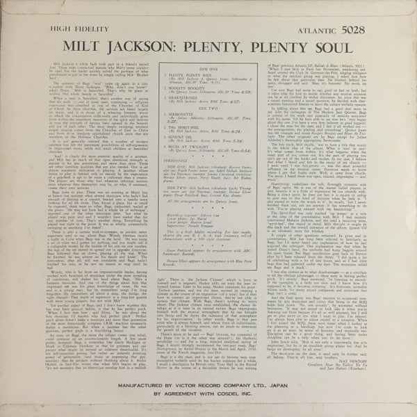 Milt Jackson - Plenty, Plenty Soul (Vinyl, LP, Album, Mono) Very Good (VG) / Poor (P)