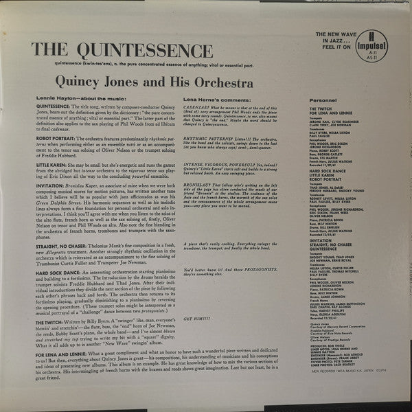 Quincy Jones And His Orchestra - The Quintessence (Vinyl, LP, Album, Reissue, Stereo) Very Good (VG) / Very Good Plus (VG+)