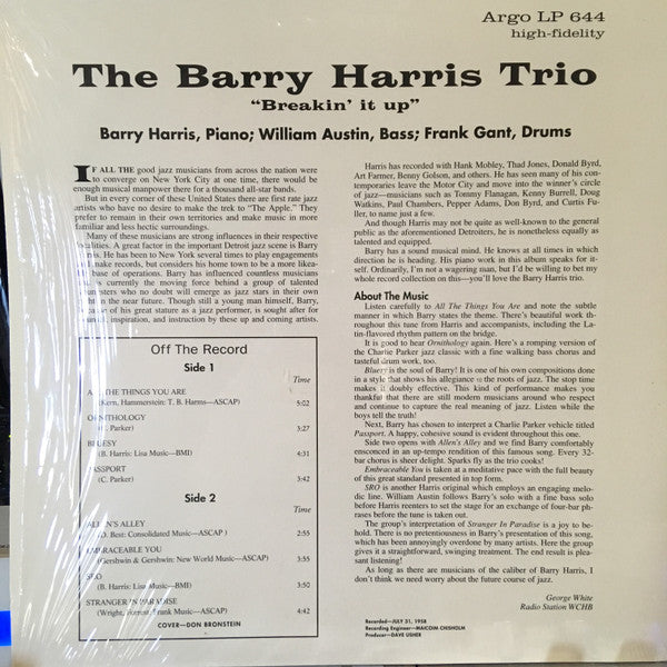 Barry Harris Trio - Breakin' It Up (Vinyl, LP, Album) Very Good Plus (VG+) / Near Mint (NM or M-)