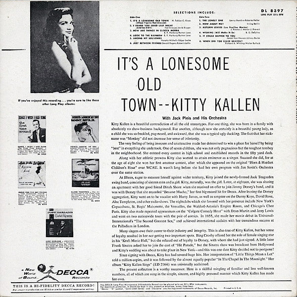 Kitty Kallen - It's A Lonesome Old Town (Vinyl, LP, Album, Mono) Very Good Plus (VG+) / Very Good Plus (VG+)