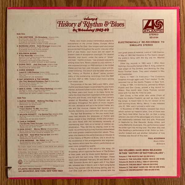 Various - History Of Rhythm & Blues  Volume 6  On Broadway 1963-64 (Vinyl, LP, Compilation) Very Good Plus (VG+) / Very Good (VG)
