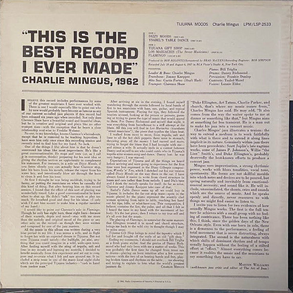 Charles Mingus - Tijuana Moods (Vinyl, LP, Album, Remastered, Repress, Stereo) Very Good (VG) / Very Good (VG)