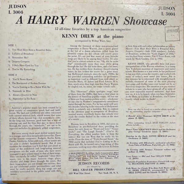Kenny Drew - A Harry Warren Showcase (Vinyl, LP, Album, Mono) Near Mint (NM or M-) / Very Good Plus (VG+)