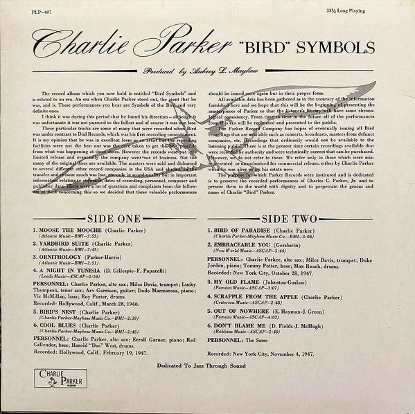 Charlie Parker - "Bird" Symbols (Vinyl, LP, Compilation, Limited Ed...